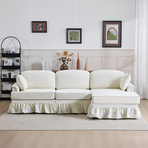 L-Shaped Sectional Sofa With Removable Ruffled Skirt, Flared Arms, Ottoman - White