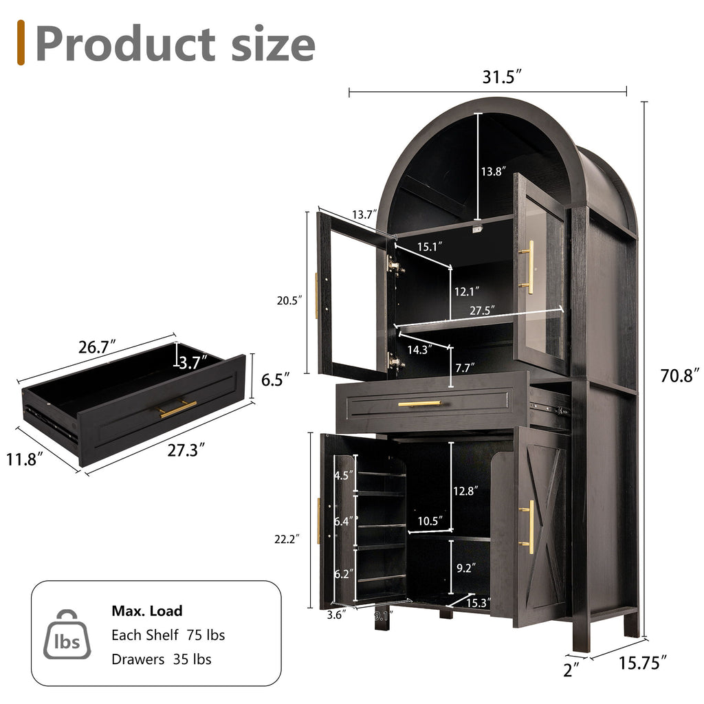 Arched Kitchen Pantry Cabinet With With Adjustable Shelves And Barn Door - Black