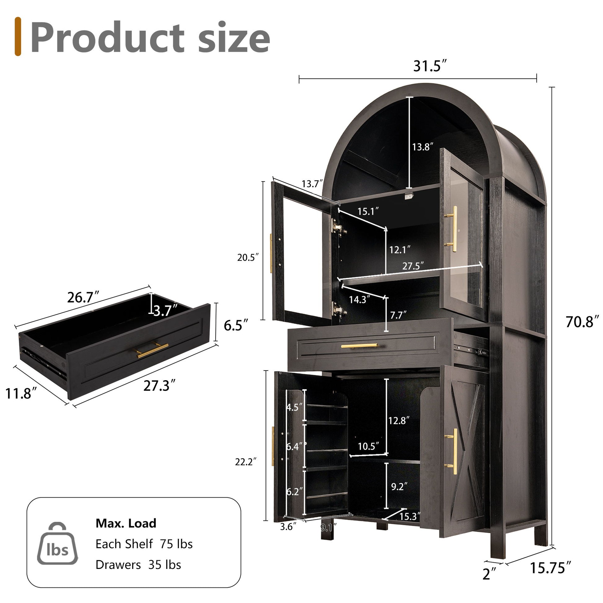 Arched Kitchen Pantry Cabinet With With Adjustable Shelves And Barn Door - Black