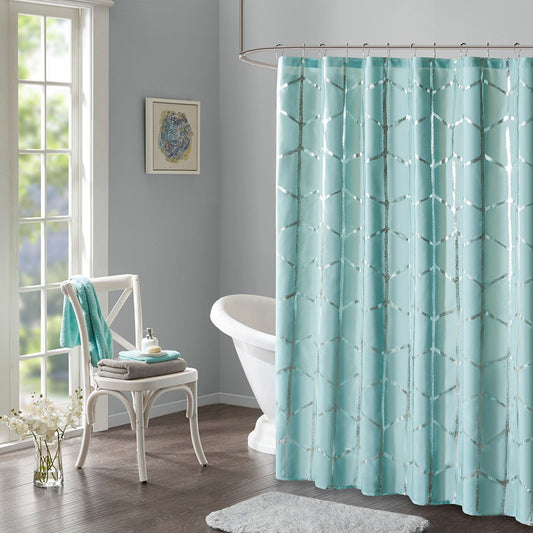 Raina - Printed Metallic Shower Curtain - Aqua / Silver