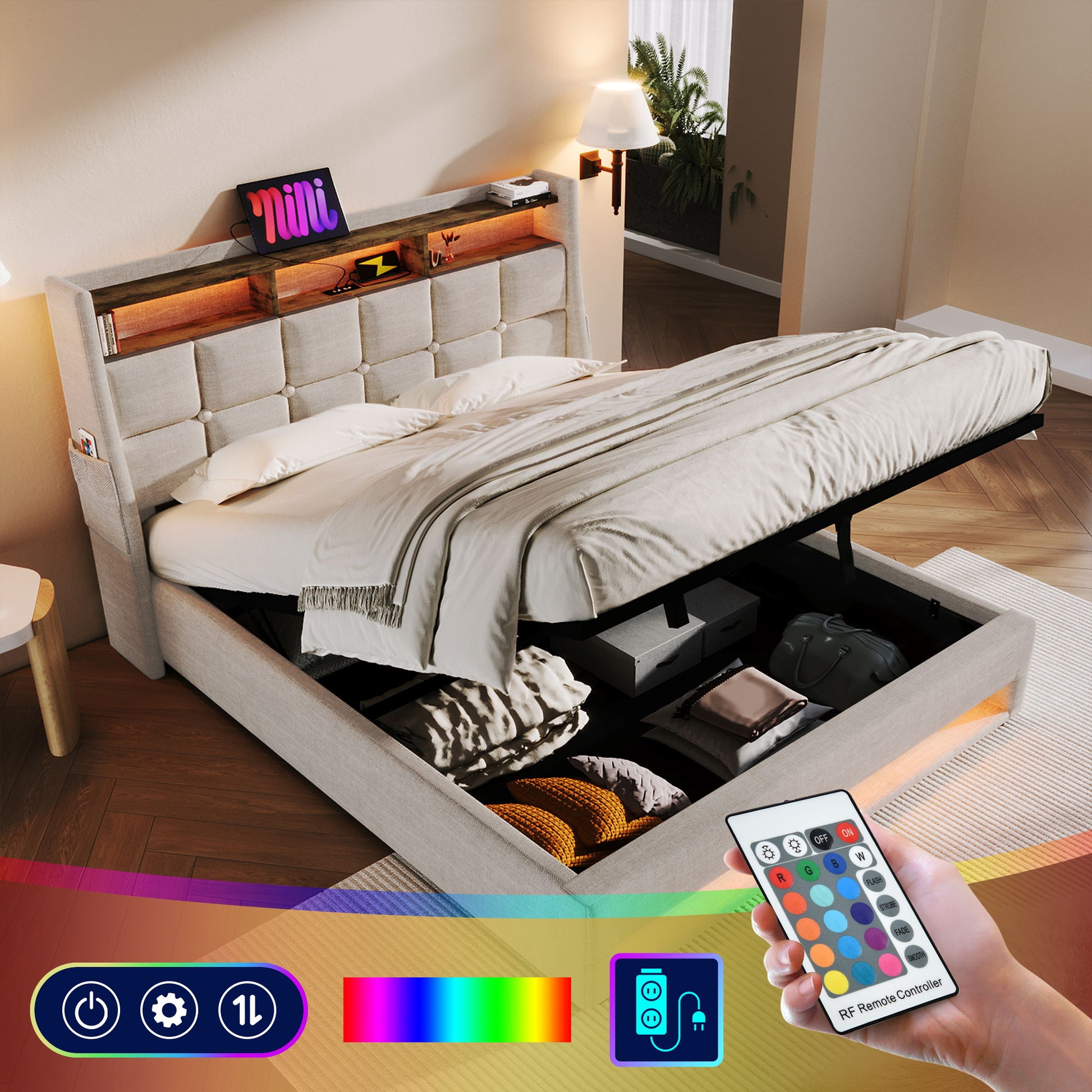 Upholstered Platform Bed With A Hydraulic Storage System, LED And USB Charging (Without Mattress)