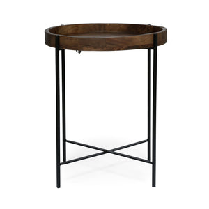 Modern Industrial Round End Table With Tray Top And Foldable Iron Legs - Natural