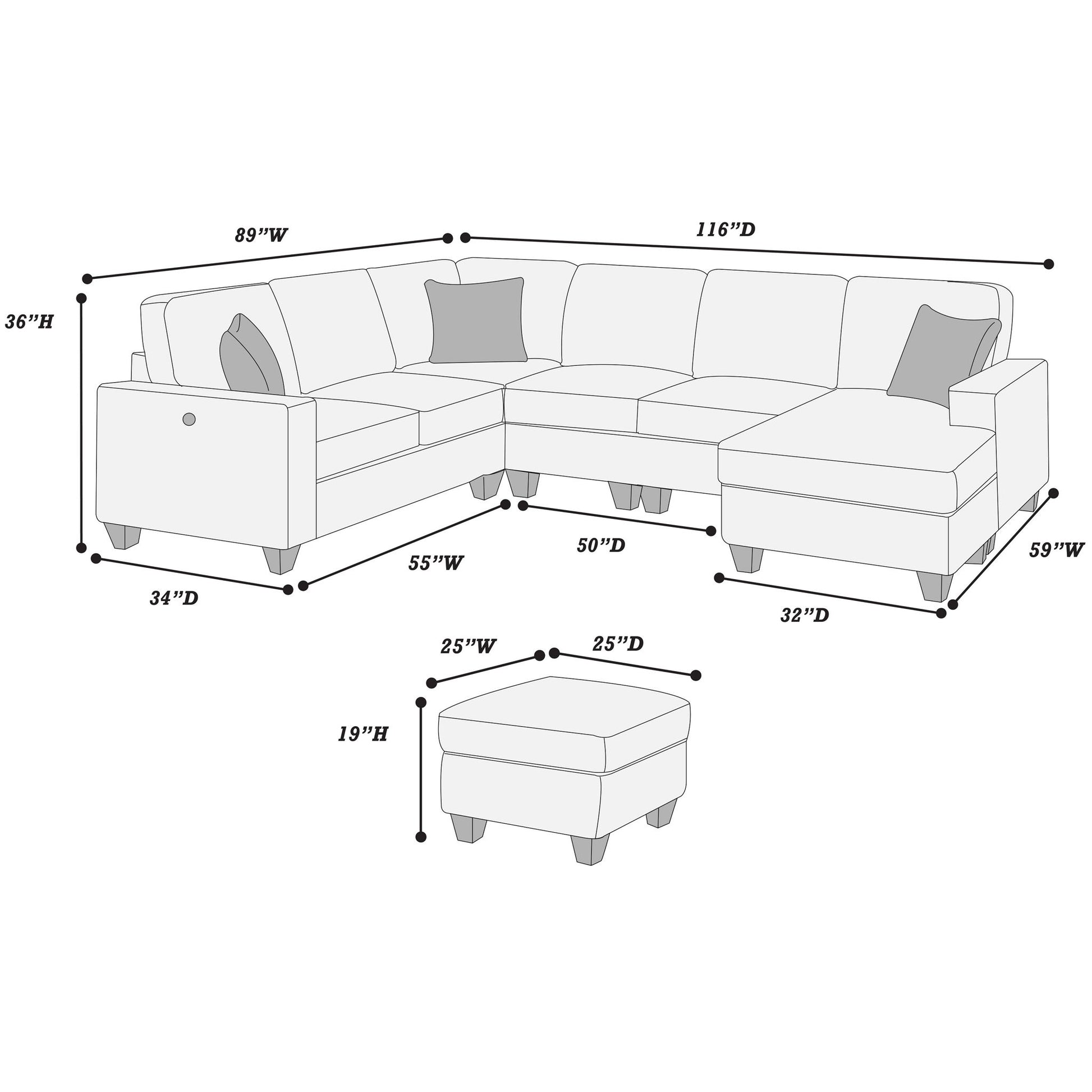 Left Arm Facing Loveseat With USB Port 5 Piece Sectional Set Corner Wedge Armless Chair Cocktail Ottoman Upholstered Living Room Furniture - Dark Gray