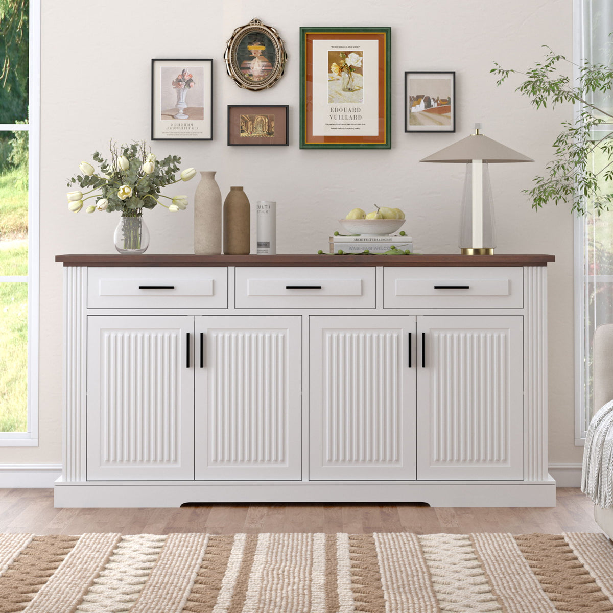 Fluted Sideboard Buffet Cabinet With 4 Doors And 3 Drawers