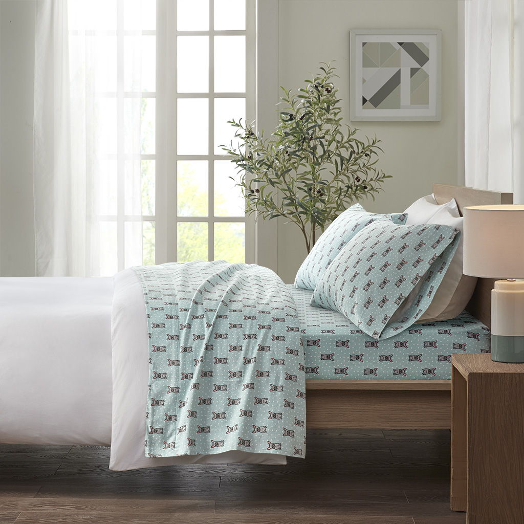 Cozy Flannel - Twin Long Printed Sheet Set - Aqua French Bulldog