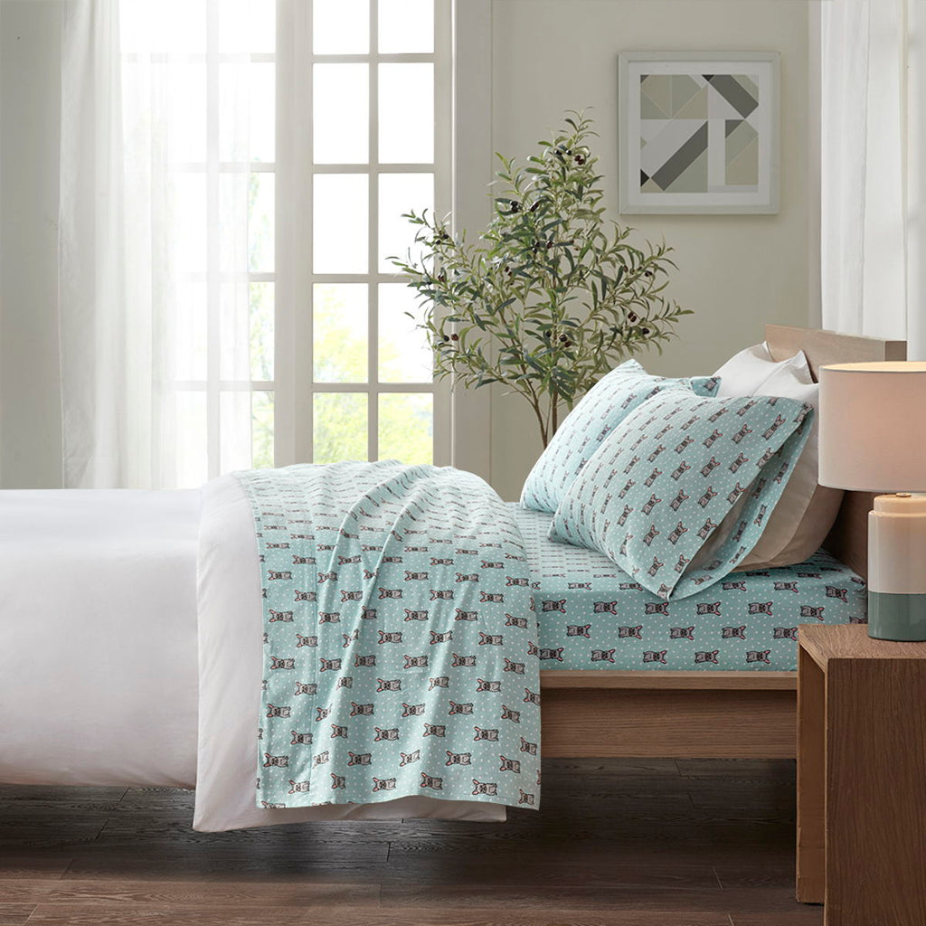 Cozy Flannel - Printed Sheet Set California King - Aqua French Bulldog