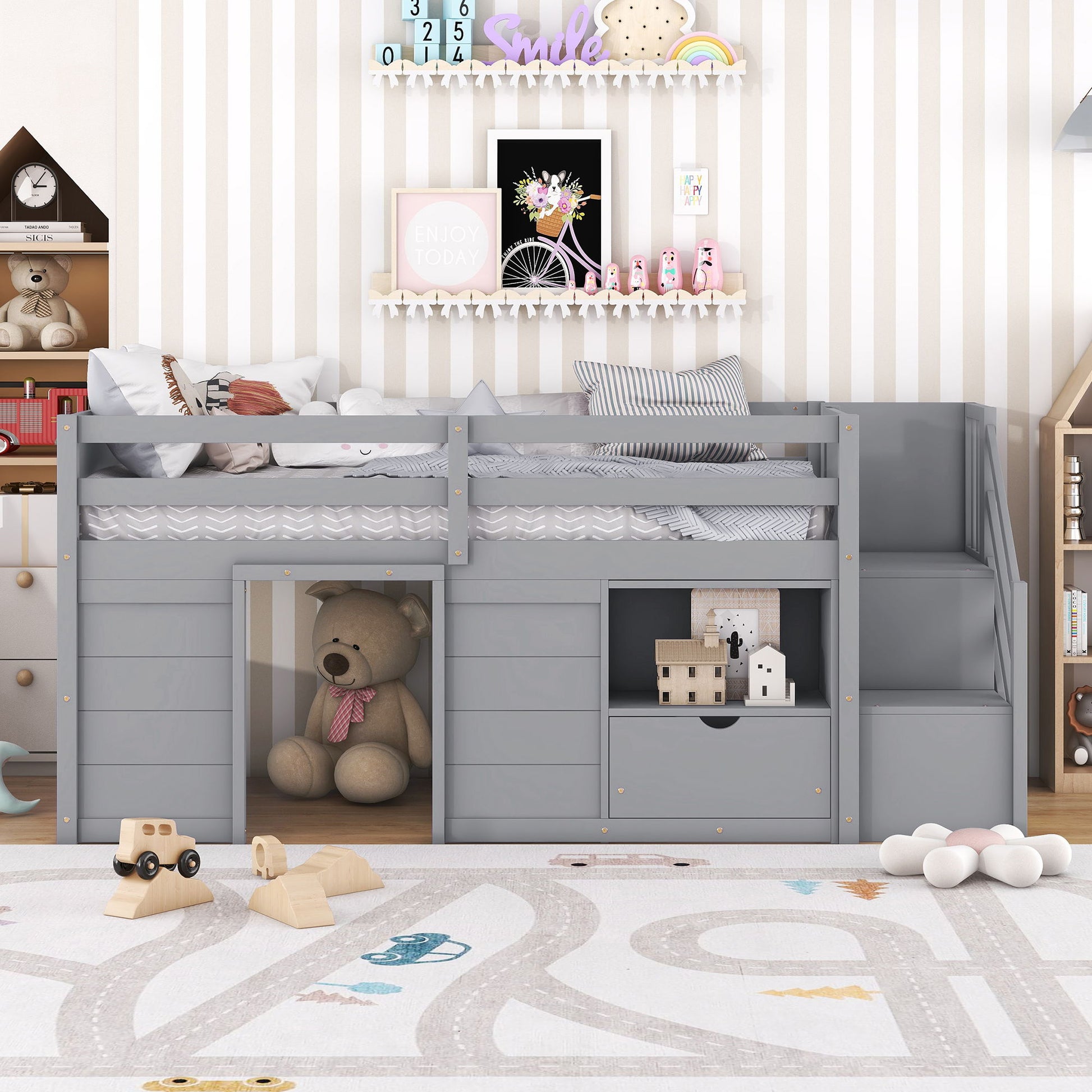 Low Loft Bed With Stair, Drawer, And Shelf