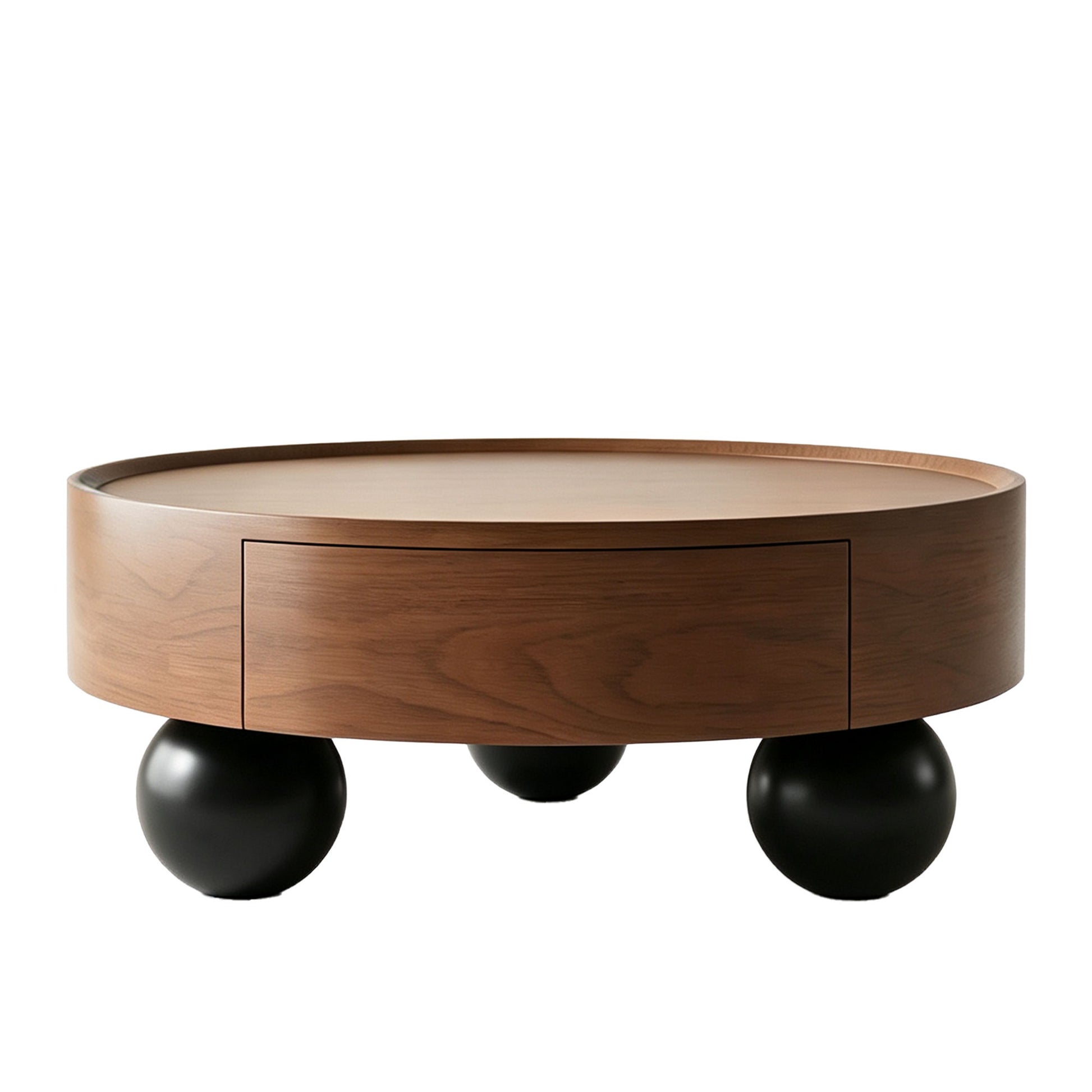 Round Coffee Table With Storage Drawer And Ball Feet - Walnut / Black