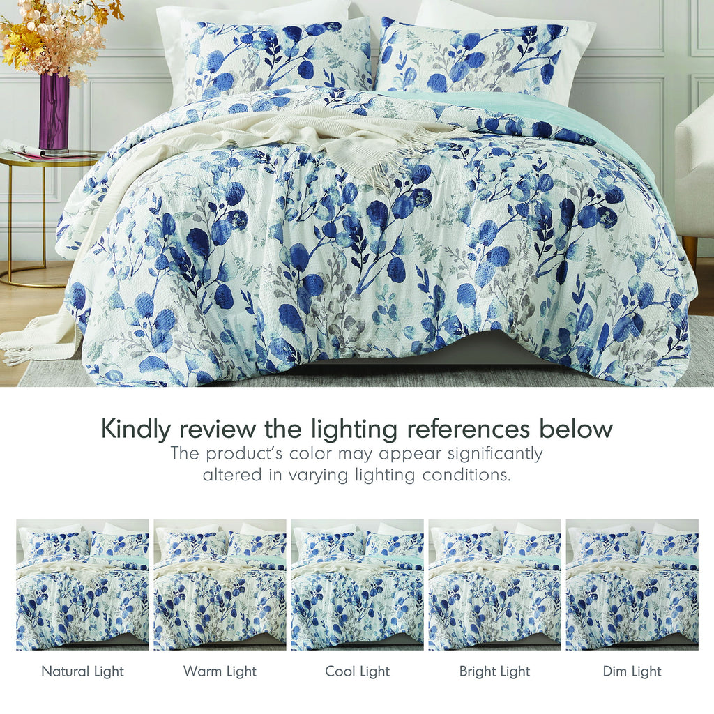 Gabby - Twin/Twin Long Reversible Floral Botanical Seersucker Comforter Set - Navy/Blue