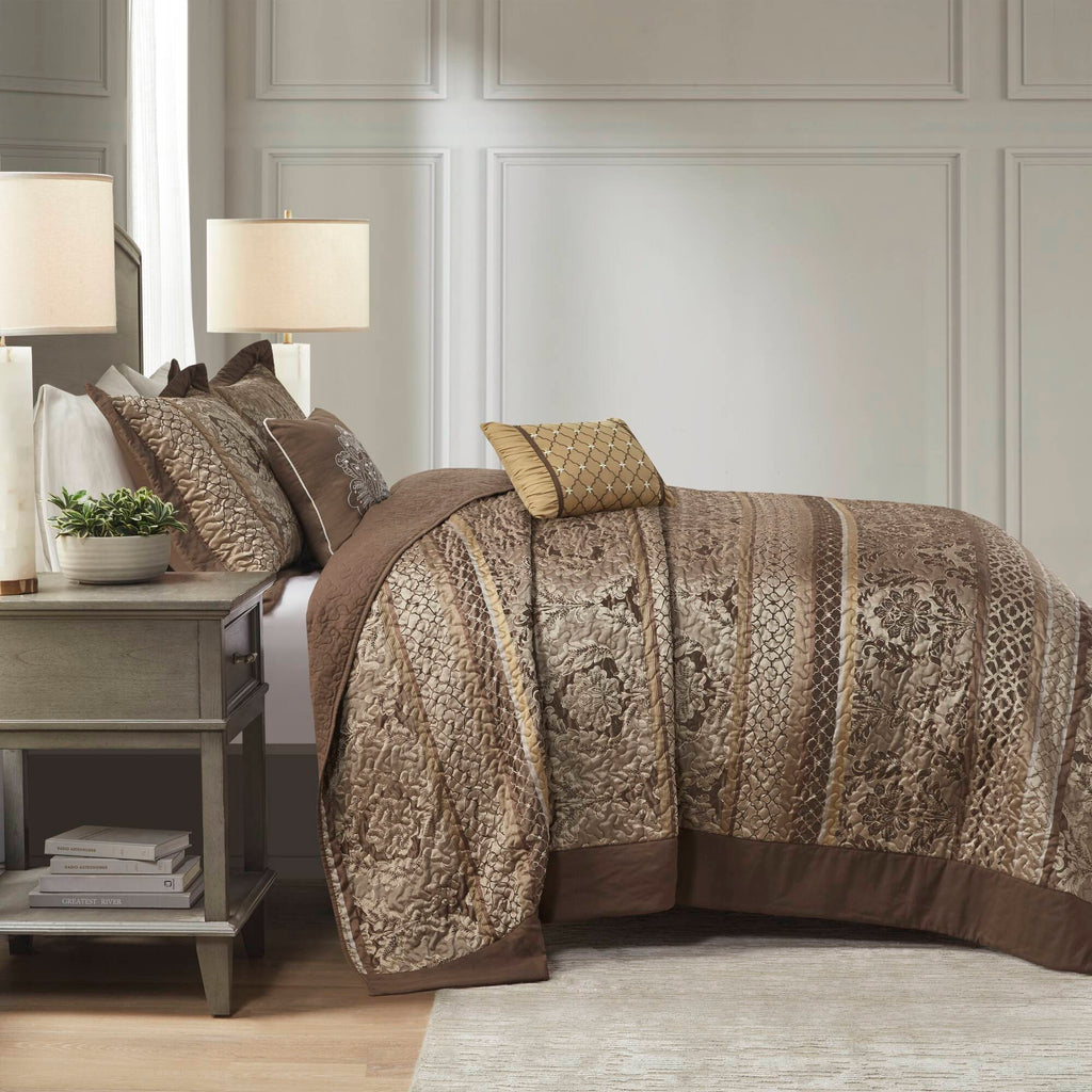 Bellagio - King 5 Piece Reversible Bedspread Set - Brown / Gold