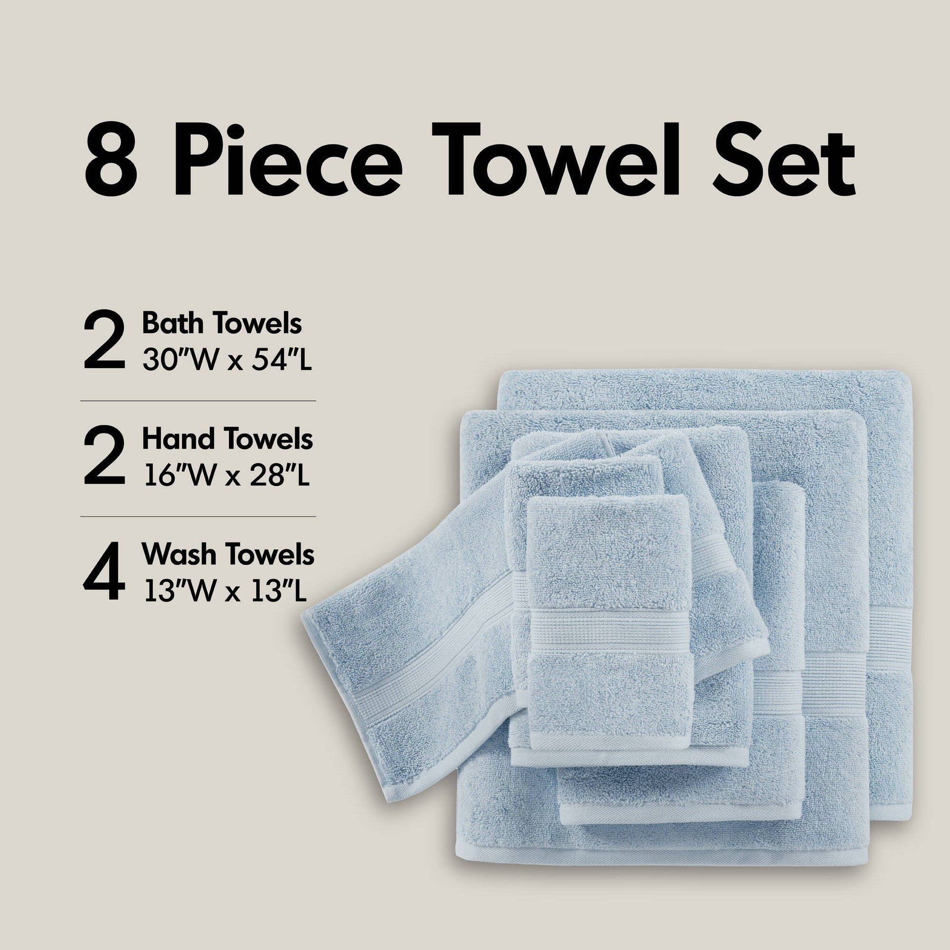 800GSM - 8 Piece Antimicrobial Towel Set - Light Blue