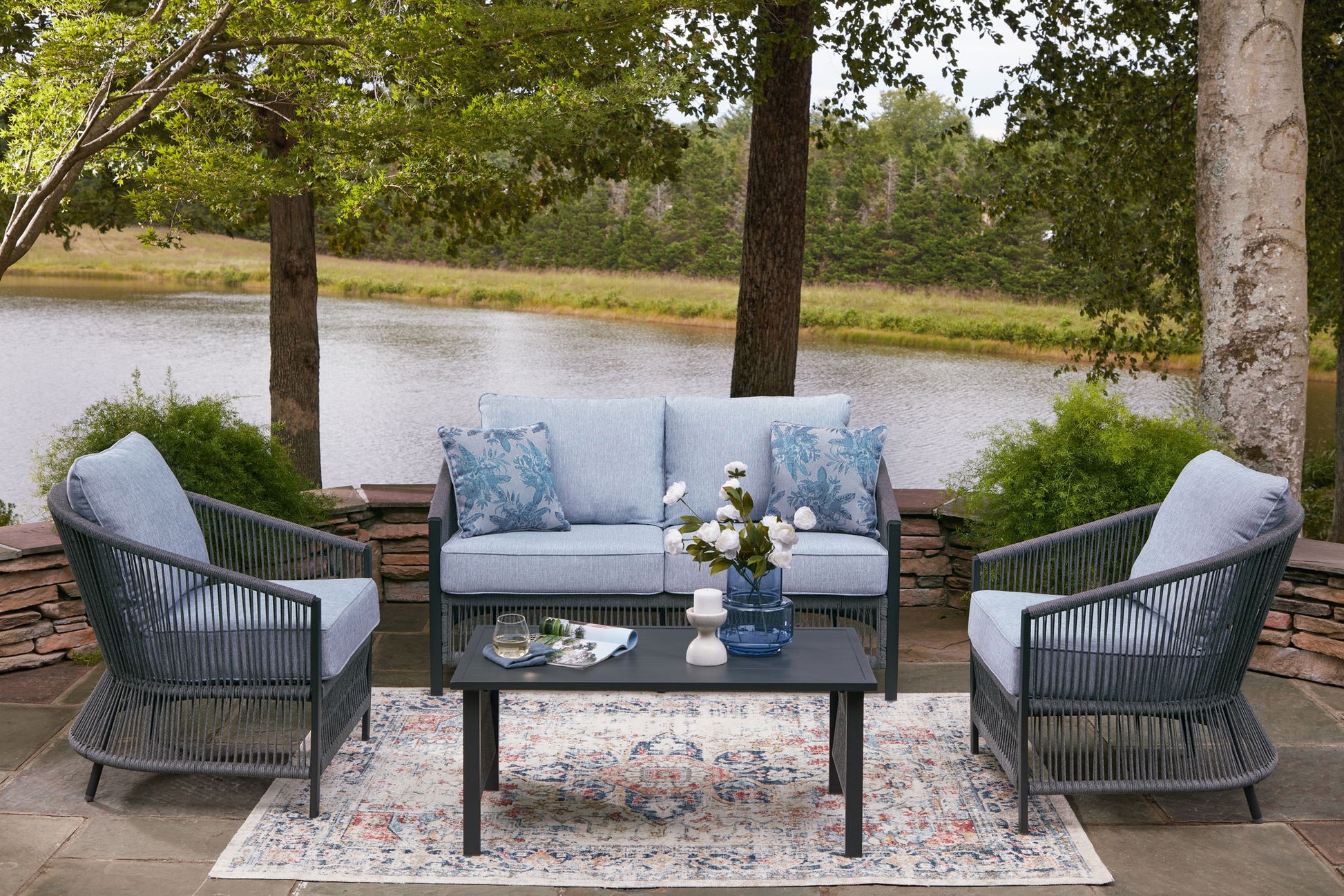 Bridges Beach - Loveseat, Lounge Chairs, Table Set (Set of 4) - Gray