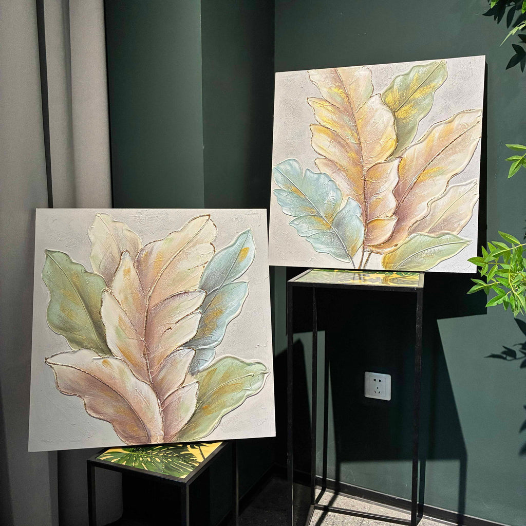 Botanical Leaf Wall Art, Textured Canvas Painting With Accents, Framed Decor For Living Room (Set of 2) - Green Leaf