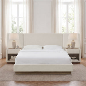Muse - Queen Upholstered Platform Bed Frame - Ivory / Light Gray / Camel Oak