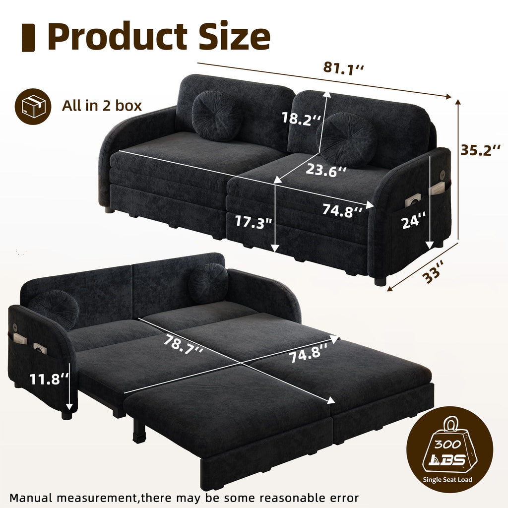 Upholstered Pull Out Couch With Side Pocket & USB Port