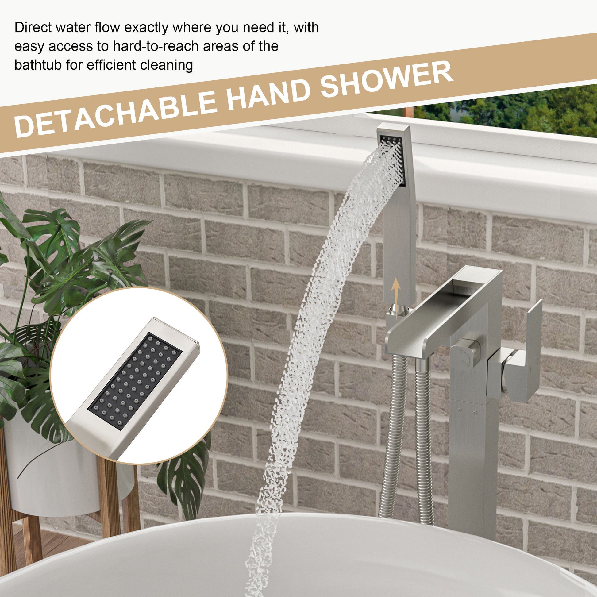 Freestanding Bathtub Faucet Waterfall Tub Filler Floor Mount Solid Brass With Hand Shower - Brushed Nickel