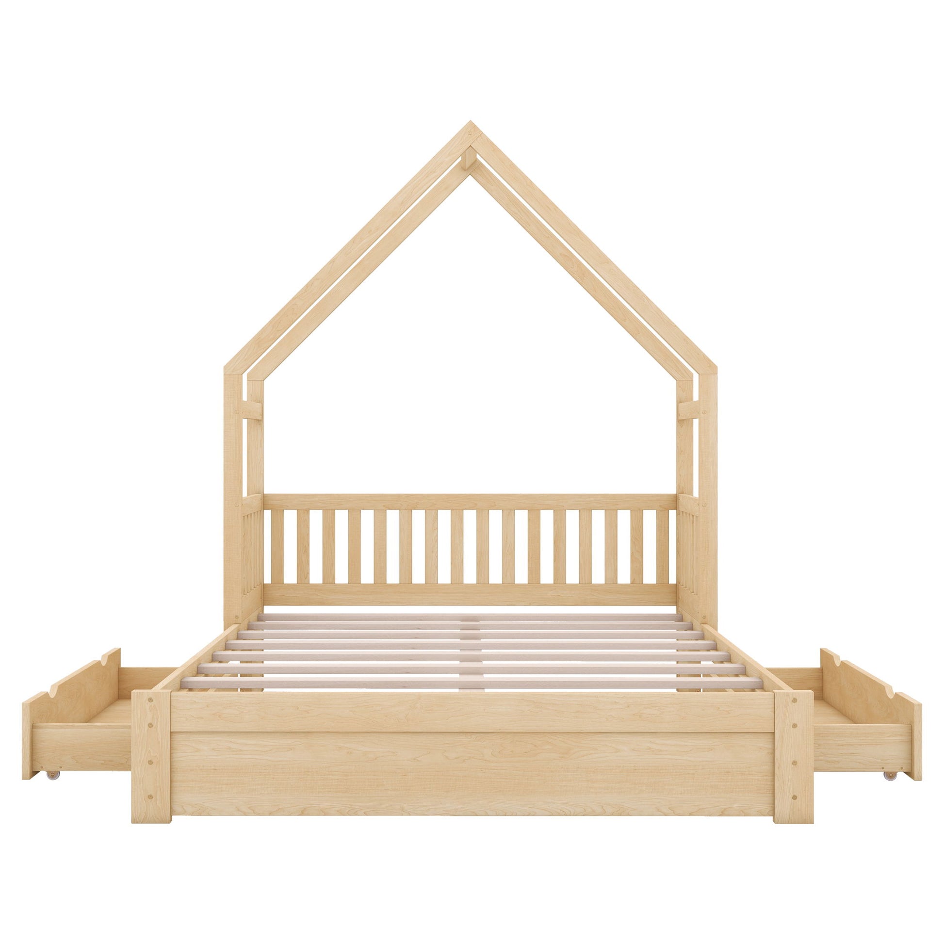 House Style Platform Bed With Guardrail And 2 Drawers