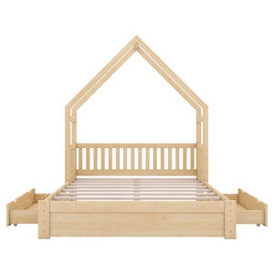 House Style Platform Bed With Guardrail And 2 Drawers