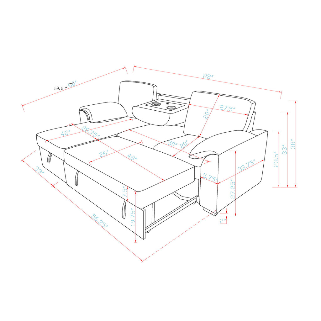 Rebecca - Sofa With Pull Out Bed, Storage Chaise, USB And Cup Holders - Dark Gray