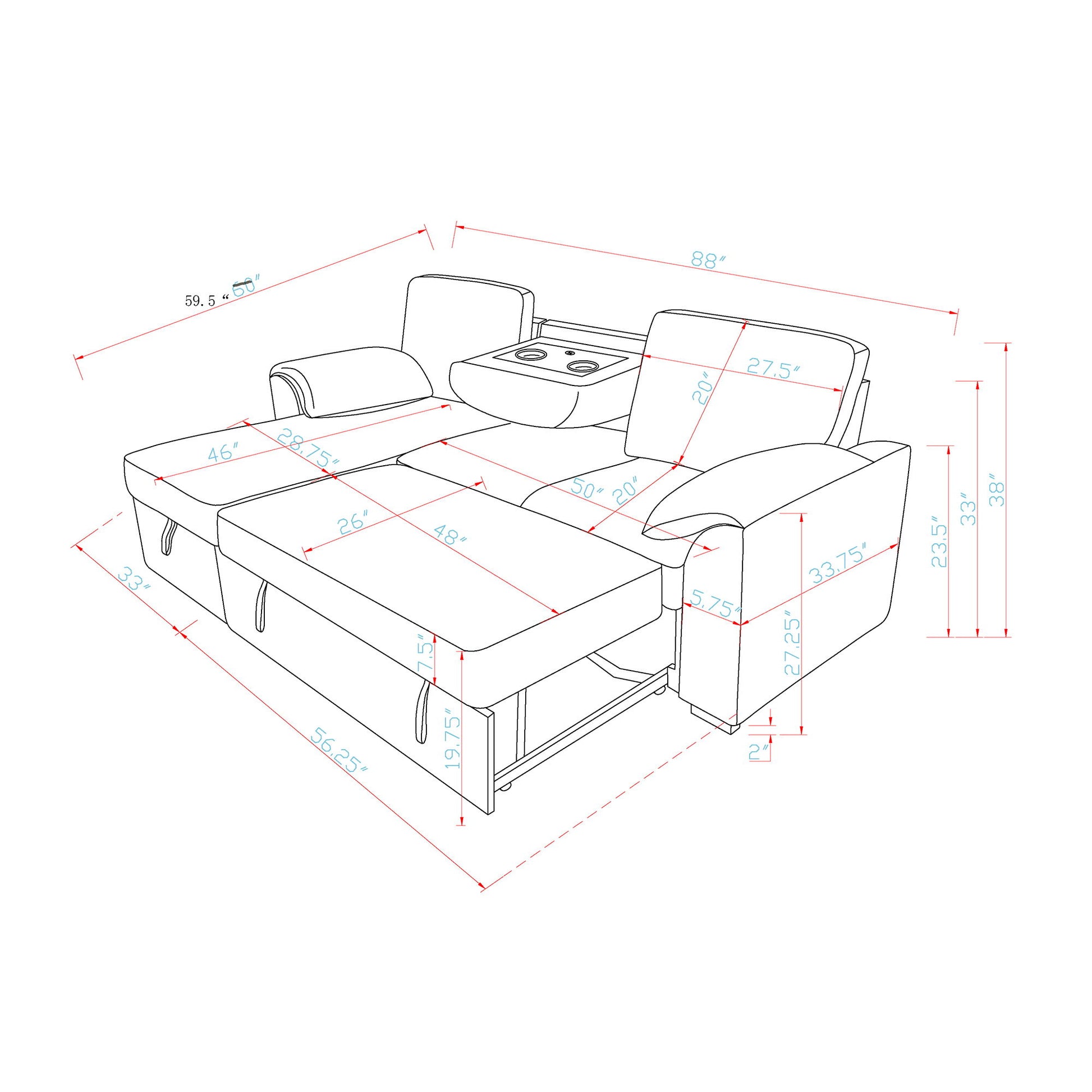 Rebecca - Sofa With Pull Out Bed, Storage Chaise, USB And Cup Holders - Dark Gray