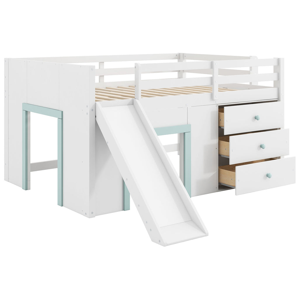 Modern Low Loft Bed With Slide, 3 Storage Drawers, And 2 Doors