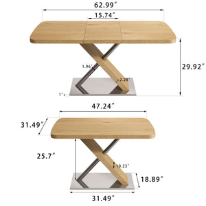 Retractable Square Dining Table, Seating 4 - 6 People, Cross Base With Stainless Steel Tubing, Expandable - Natural