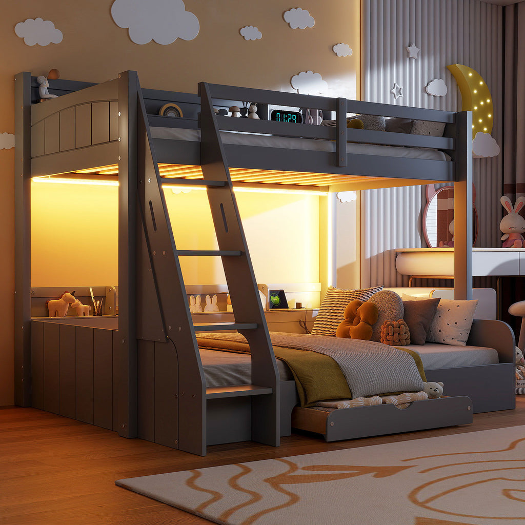 Bunk Bed With Storage Shelves, LED Lighting, Charging Station And Drawer