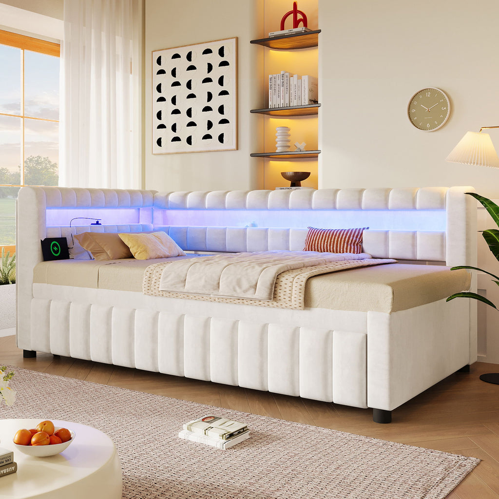 Upholstered Daybed With LED Lights, USB Charging, Pull Out Trundle Bed