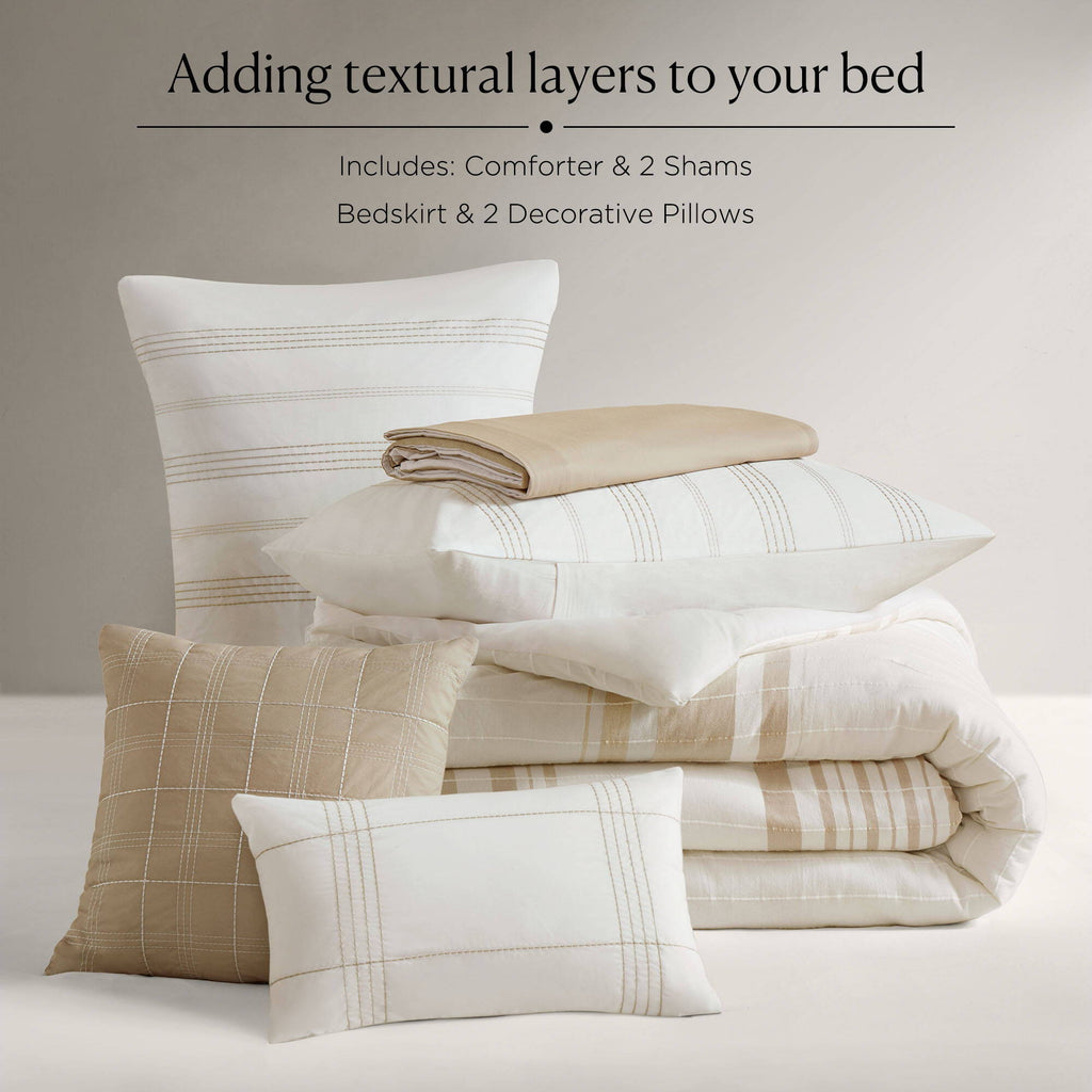 Morgan - 6 Piece King Cotton Jacquard Oversized Comforter Set - Ivory / Taupe