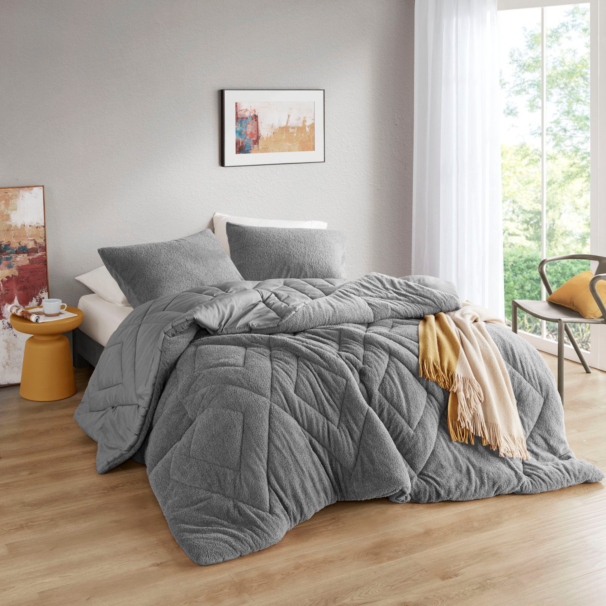 Kyla - King/California King Double Diamond Quilted Teddy Comforter Set - Gray