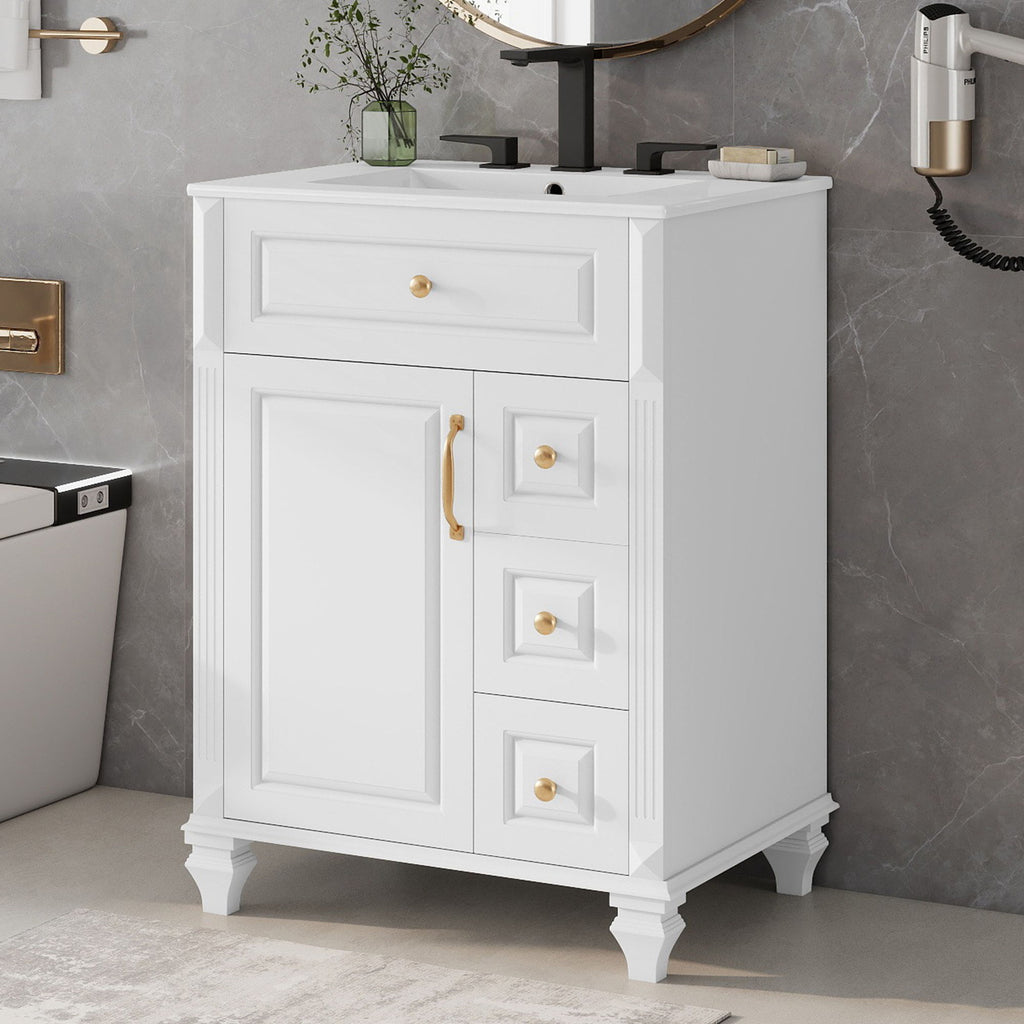 Freestanding Bathroom Vanity With Sink, 3 Drawers & Flip-Out Drawer