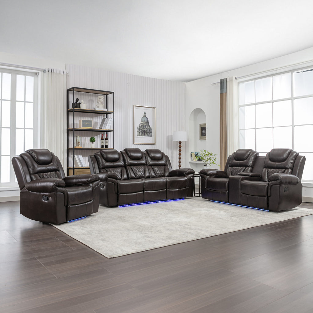 3 Pieces Recliner Sofa Sets Home Theater Seating Manual Recliner Chair & Center Console And LED Light Strip For Living Room - Brown