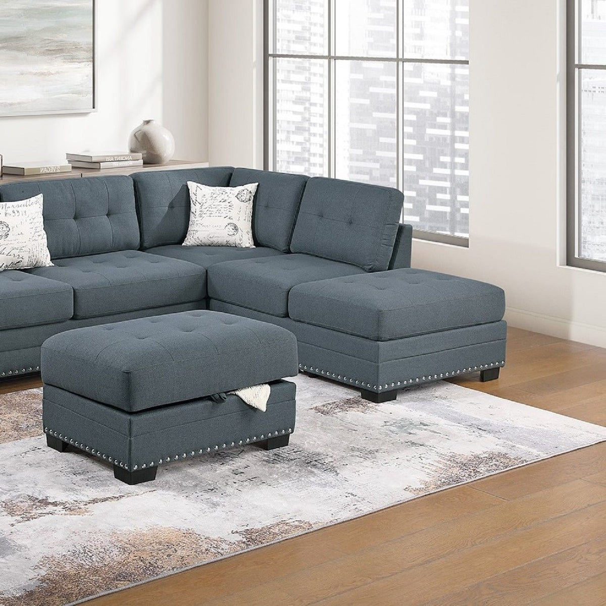 L - Shaped Sectional Sofa Set With Storage Ottoman, Tufted Upholstery Nailhead Trim