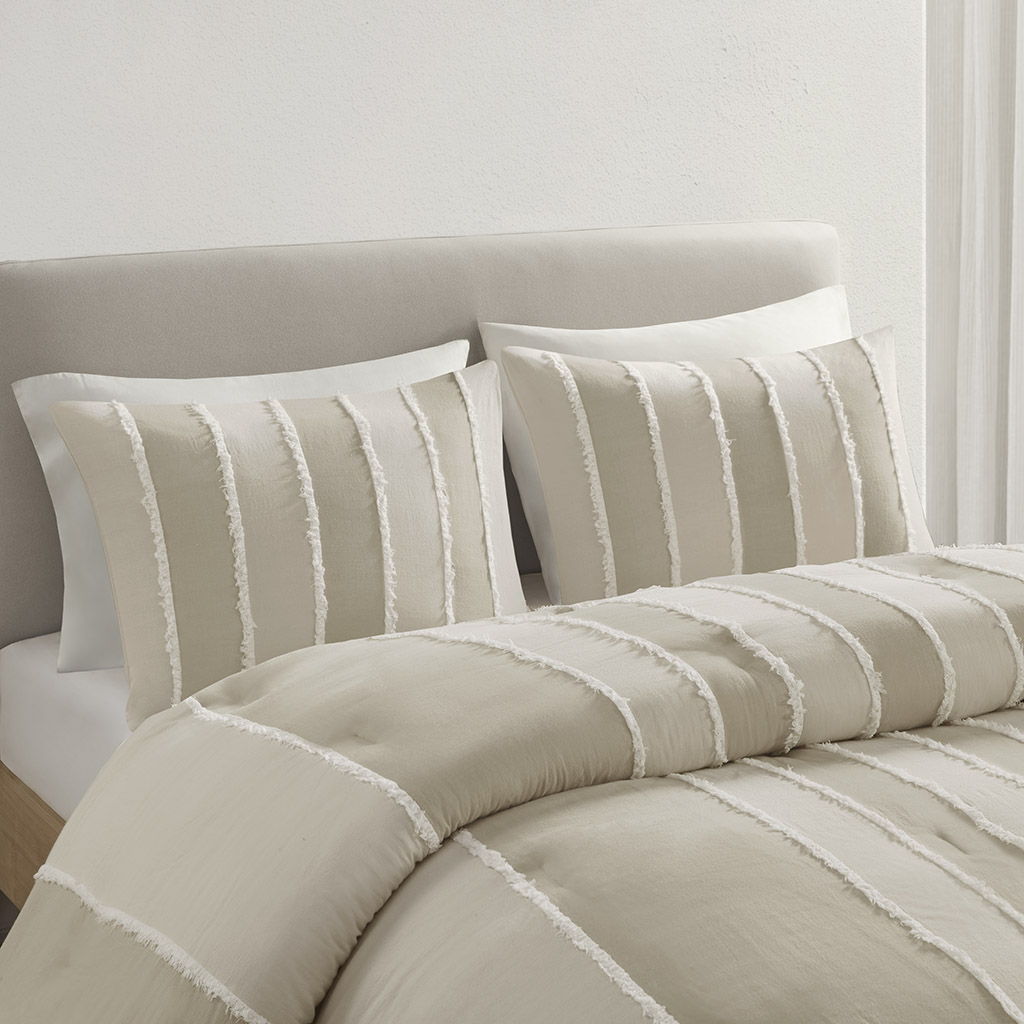 Shay - 3 Piece Striped Cotton Comforter Set - Taupe
