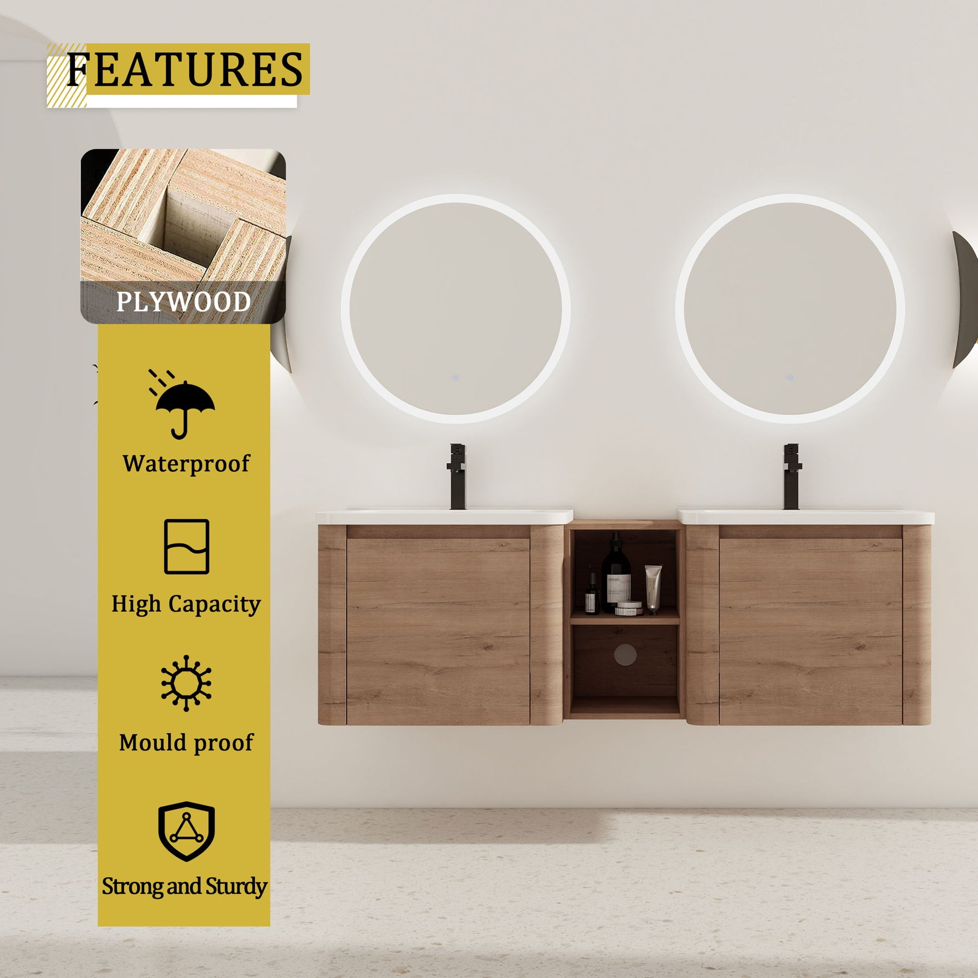 Wall Mounted Bathroom Vanity With Sink And Storage Shelves, Soft Close Doors