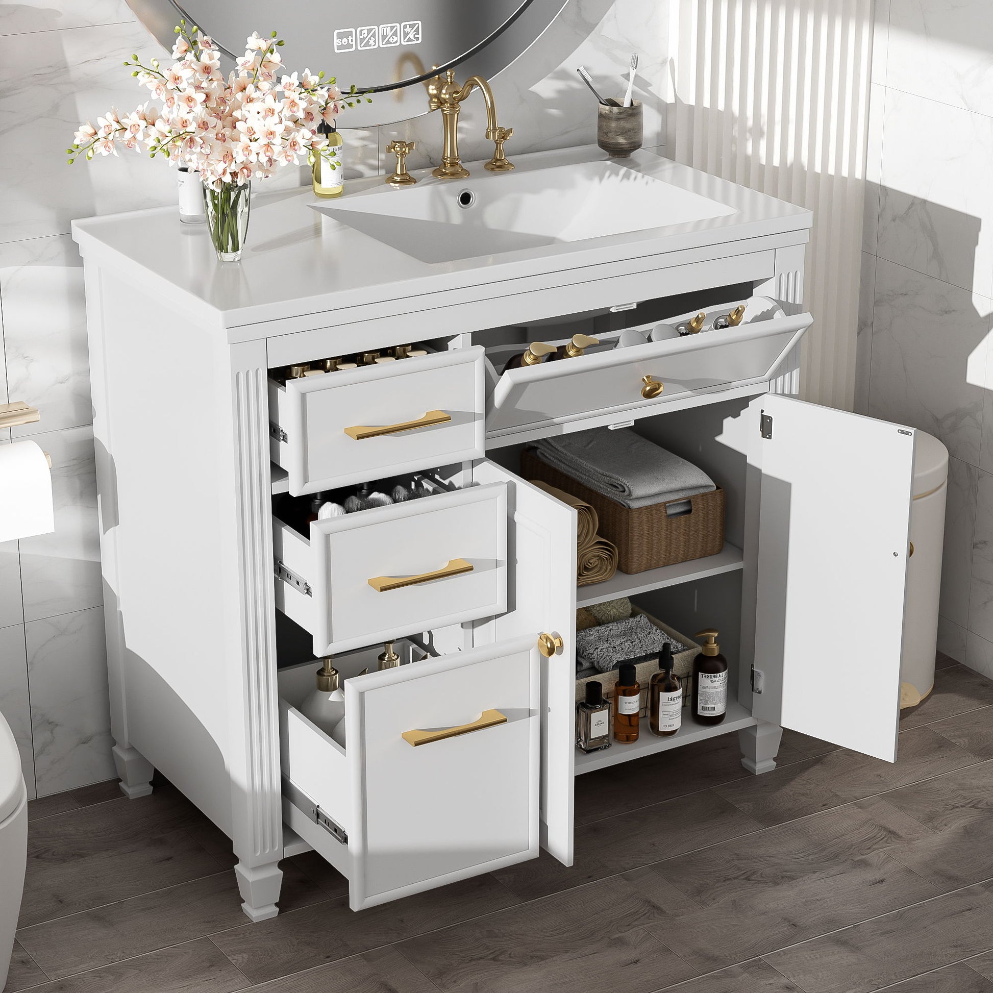 Bathroom Vanity With Sink, 1 Tip Out Drawer, 3 Side Drawers, Adjustable Shelf