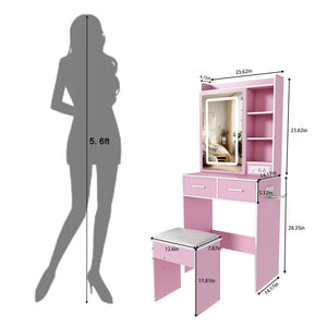 Small Makeup Vanity Desk With Adjustable LED Lights, Built In Power Outlet & Hidden Storage, Includes Padded Stool And Shelf - Pink