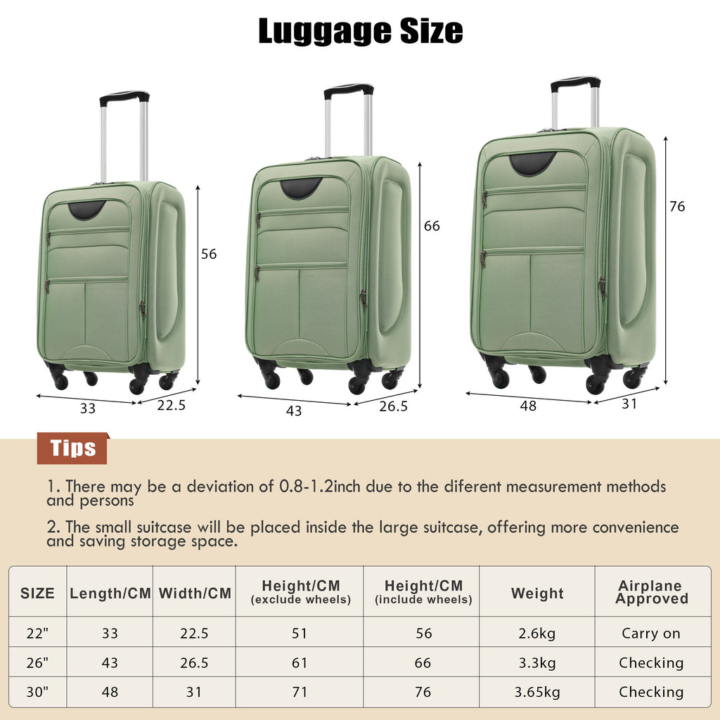 Softside Luggage Expandable 3 Piece Set Upright Spinner Lightweight Suitcase