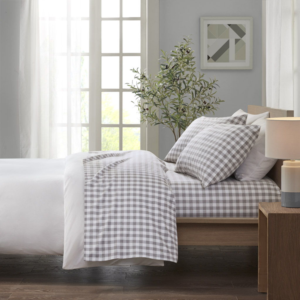 Cozy Flannel - 4 Piece California King Printed Sheet Set - Gray Herringbone Check
