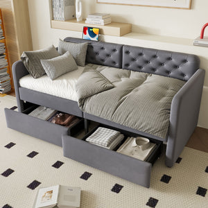 Twin Size Upholstered Daybed With 2 Storage Drawers And USB Charging Design - Gray