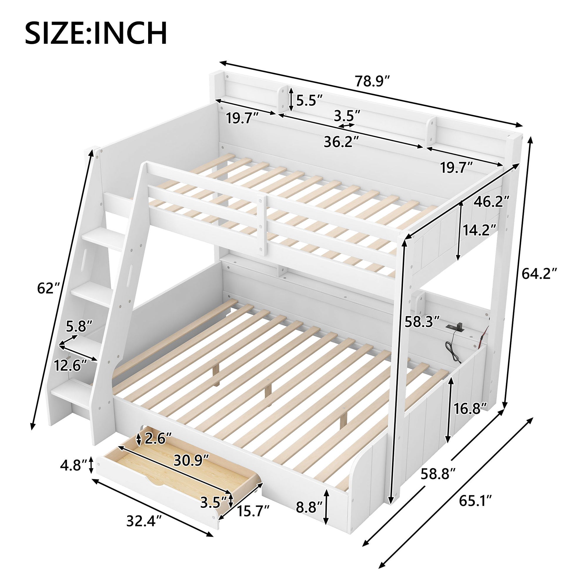 Bunk Bed With Storage Shelves, LED Lighting, Charging Station And Drawer