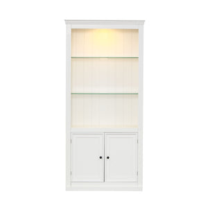 Retro Style Display Bookcase With Adjustable LED Ceiling Light And Tempered Glass Shelves - White