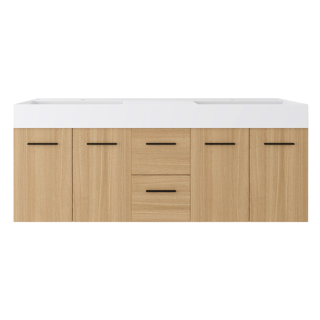 Floating Double Sink Bathroom Vanity With Drawers And Doors, Extra Large Storage, Integrated Sink, Soft Close Hardware - Glossy White / Light Oak