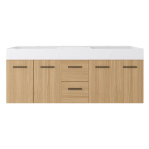 Floating Double Sink Bathroom Vanity With Drawers And Doors, Extra Large Storage, Integrated Sink, Soft Close Hardware - Glossy White / Light Oak