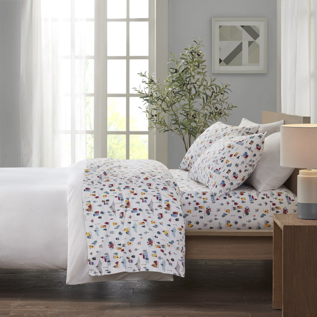 Cozy Flannel - 3 Piece Twin Long Printed Sheet Set - White Village Print