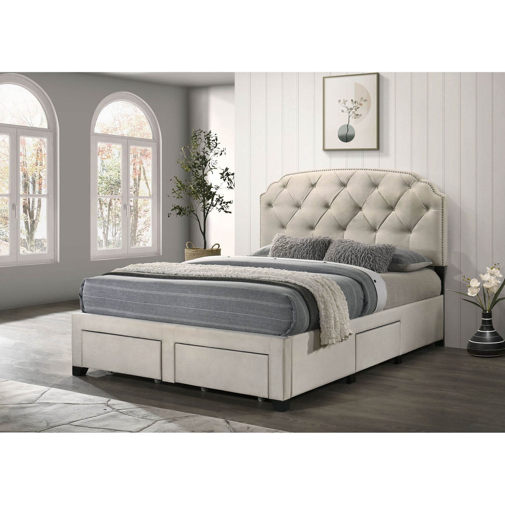 4 Drawer Upholstered Storage Bed With Button Tufting