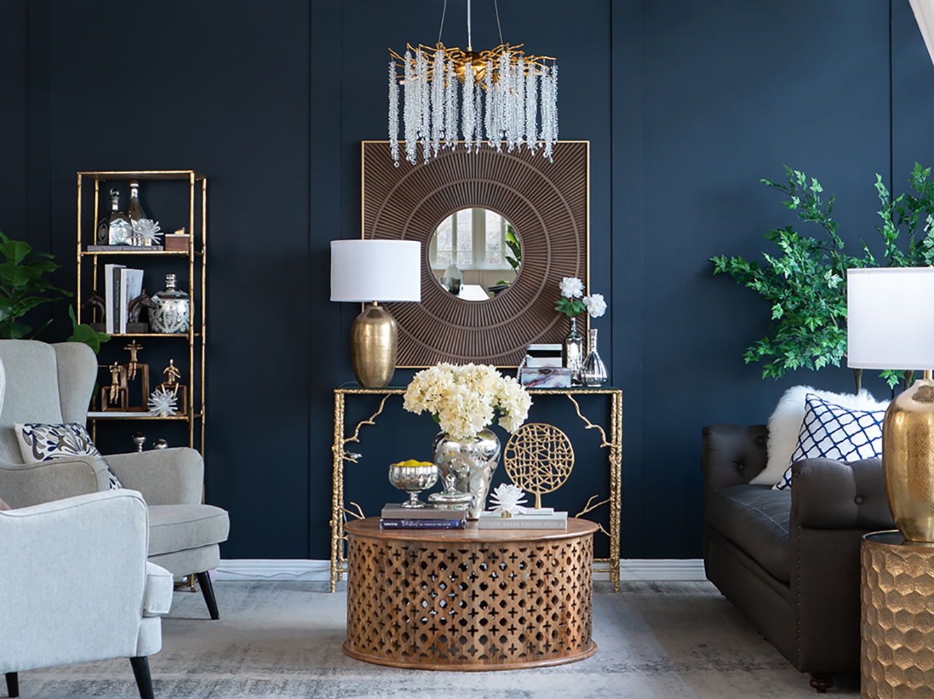 Square Carved Mirror With Pleated Design WithIron Frame, Neutral Colorway Wall Decor For Living Room Bathroom Entryway