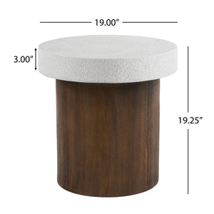 Mgo Cylindrical Side Table With Faux Stone Top And Wood Faux Base - Antique White / Natural