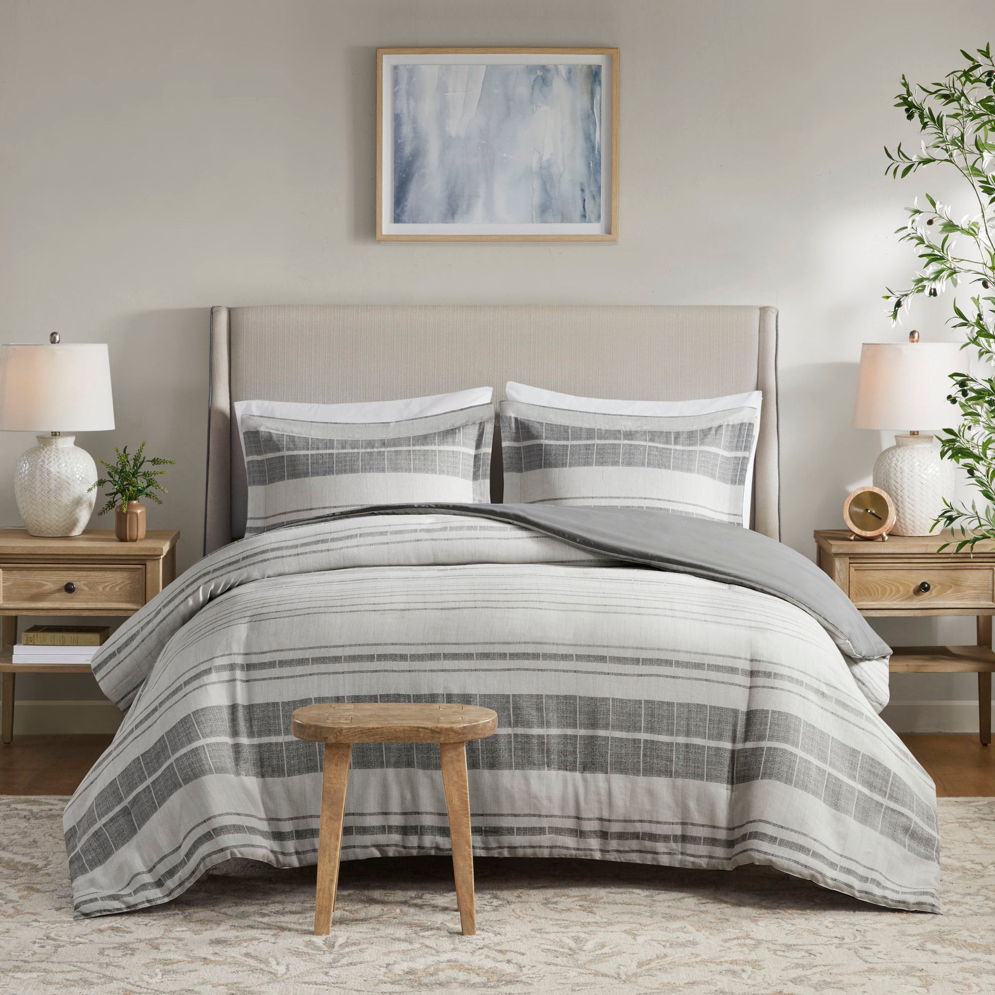 Rhodes - 3 Piece Stripe Duvet Cover Set - Gray