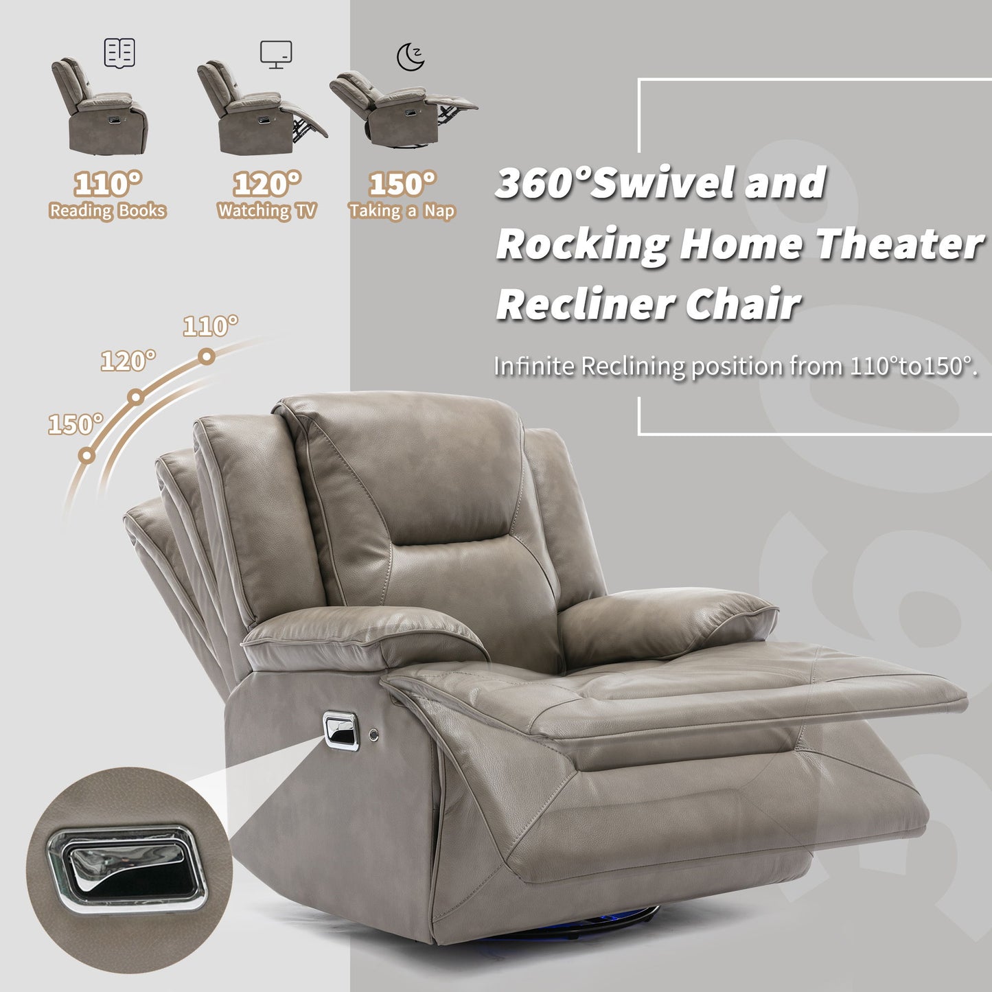 360° Swivel And Rocking Home Theater Recliner Manual Recliner Chair With A Led Light Strip For Living Room